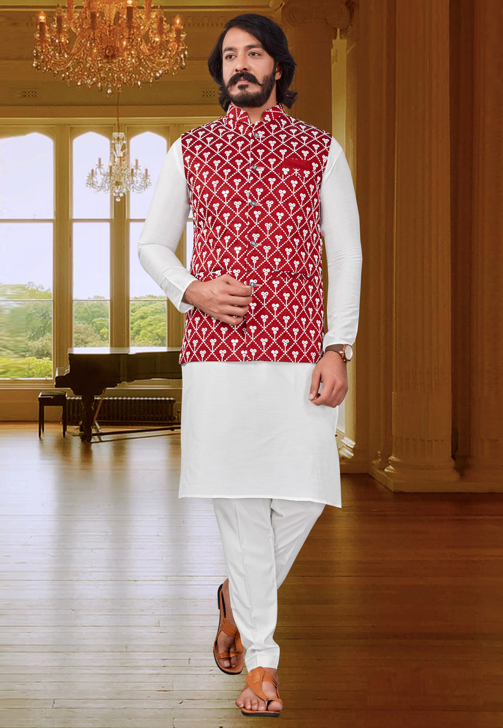White Art Silk Kurta Pajama With Jacket 239896