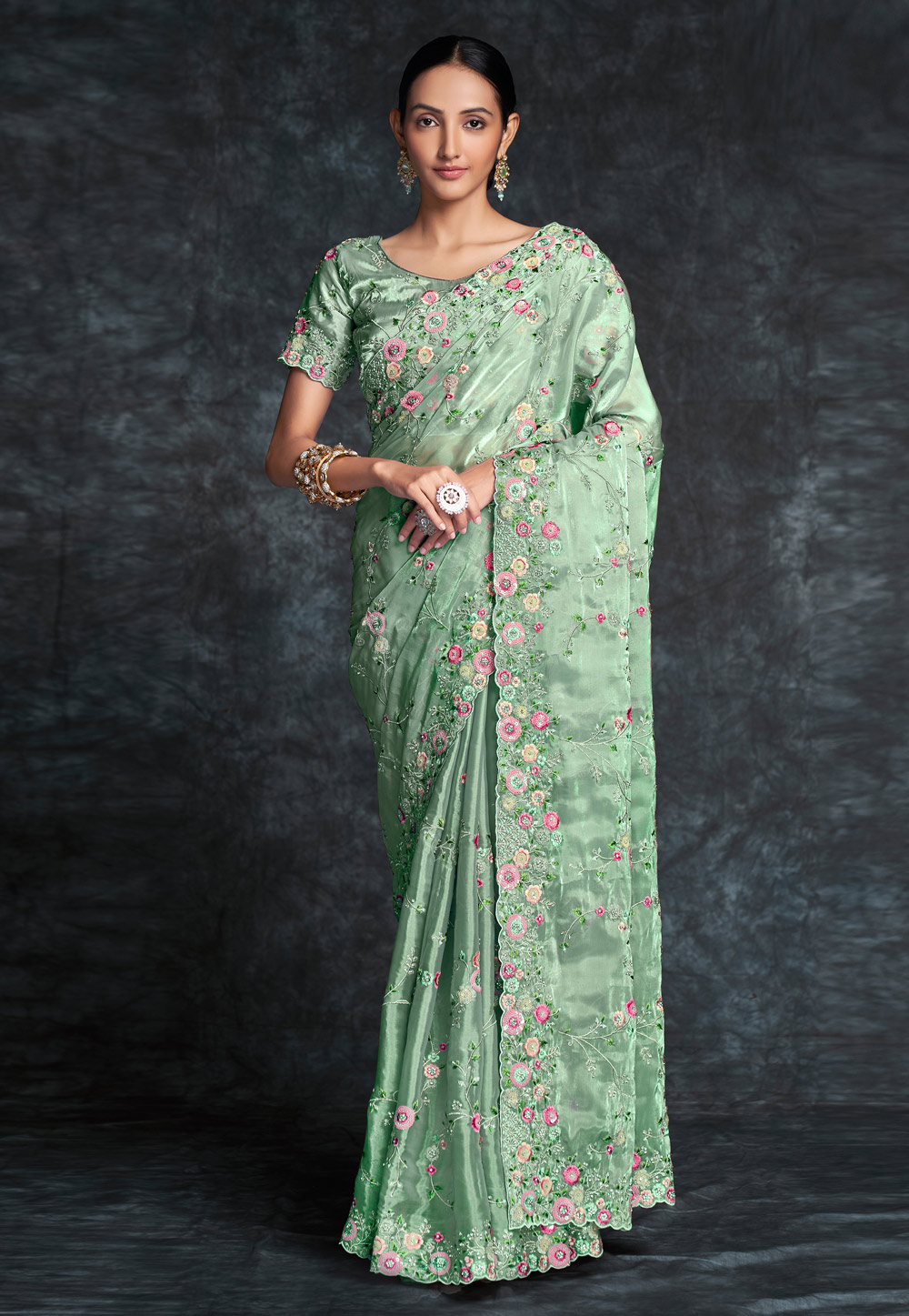 Light Green Organza Saree With Blouse 261346