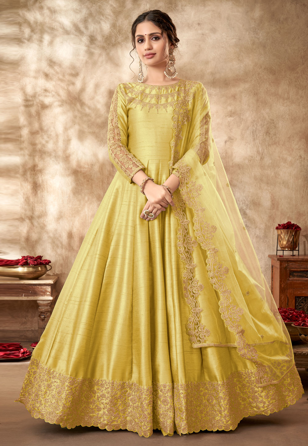 Yellow Art Silk Long Anarkali Suit 250541