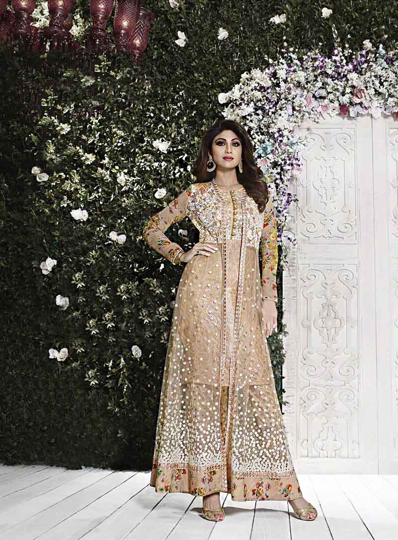 Shilpa Shetty Beige Net Bollywood Suit With Jacket 65843