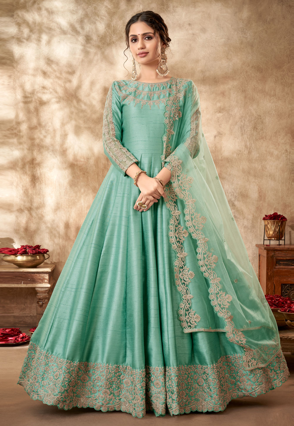 Buy Online Traditional Mehendi & Sea Green Color Long Skirt And Kurti –  Lady India