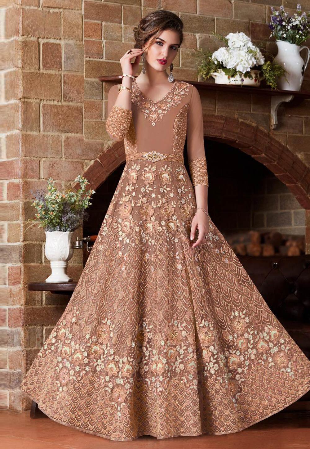 Light Brown Net Abaya Style Anarkali Suit 156445