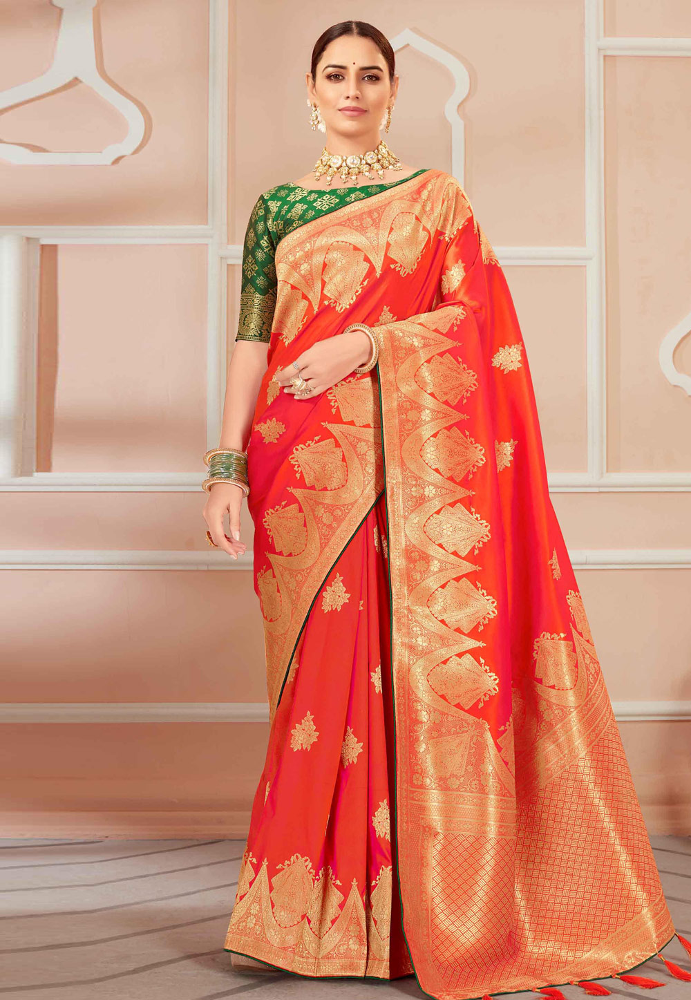 Red Banarasi Silk Saree With Blouse 239481