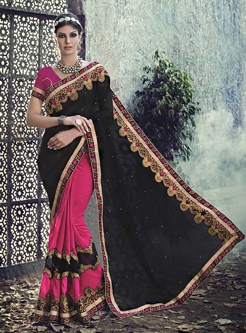 Black Faux Georgette Half and Half Saree With Blouse 72449