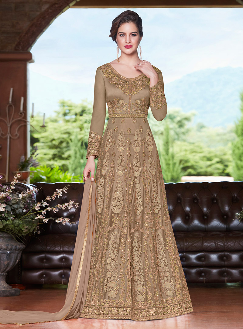 Beige Net Abaya Style Anarkali Suit 147073
