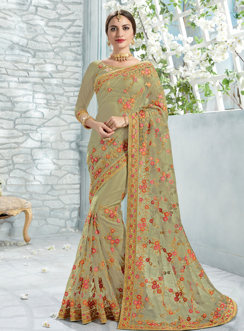 Olive Green Net Saree With Blouse 146182