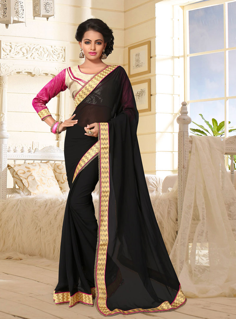 Buy LIME plain georgette saree (beige) at Amazon.in