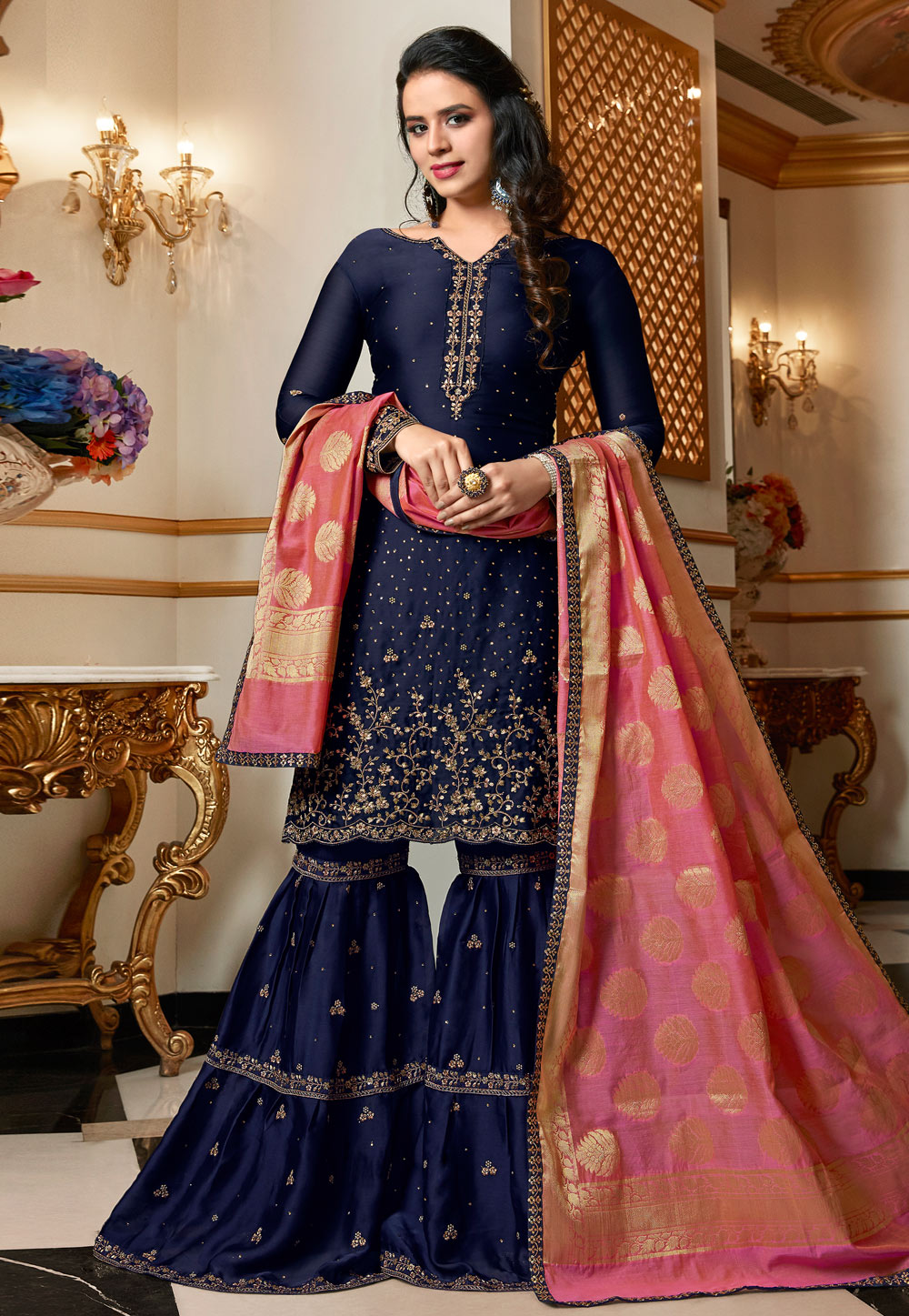 Navy Blue Satin Embroidered Sharara Suit 164637