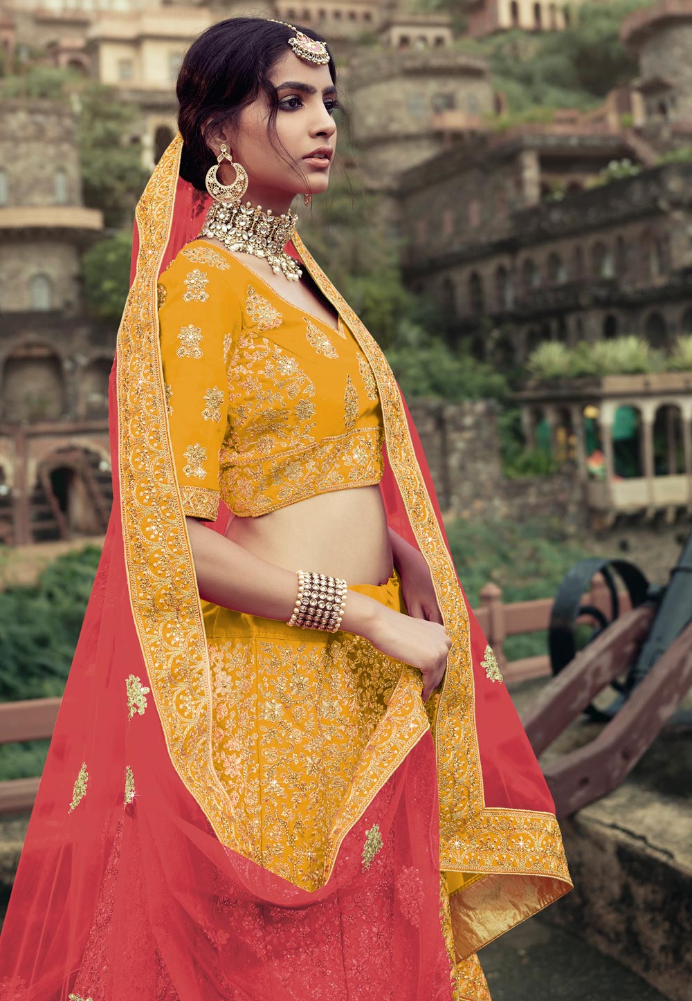 Mustard Color Lehenga Choli WIth PInk Dupatta :: ANOKHI FASHION