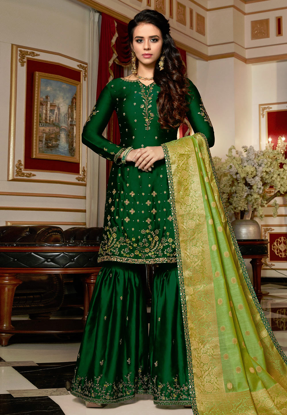Green Satin Embroidered Sharara Suit 164638