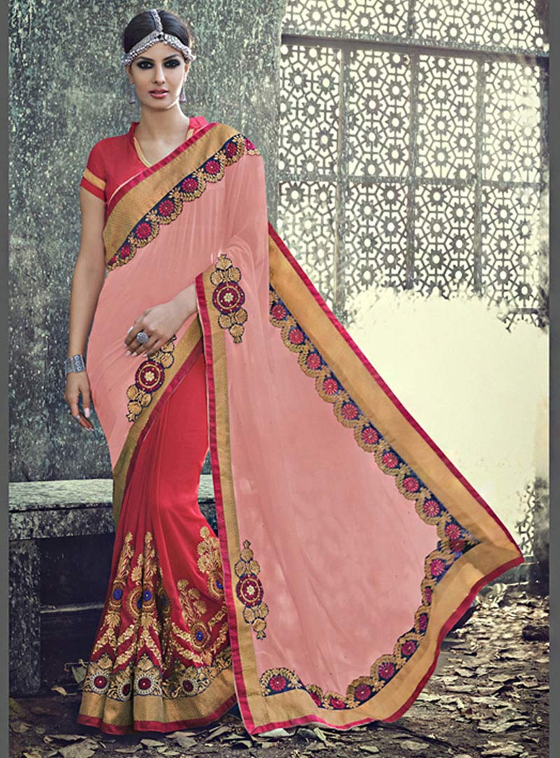 Pink Faux Georgette Half and Half Saree With Blouse 72454