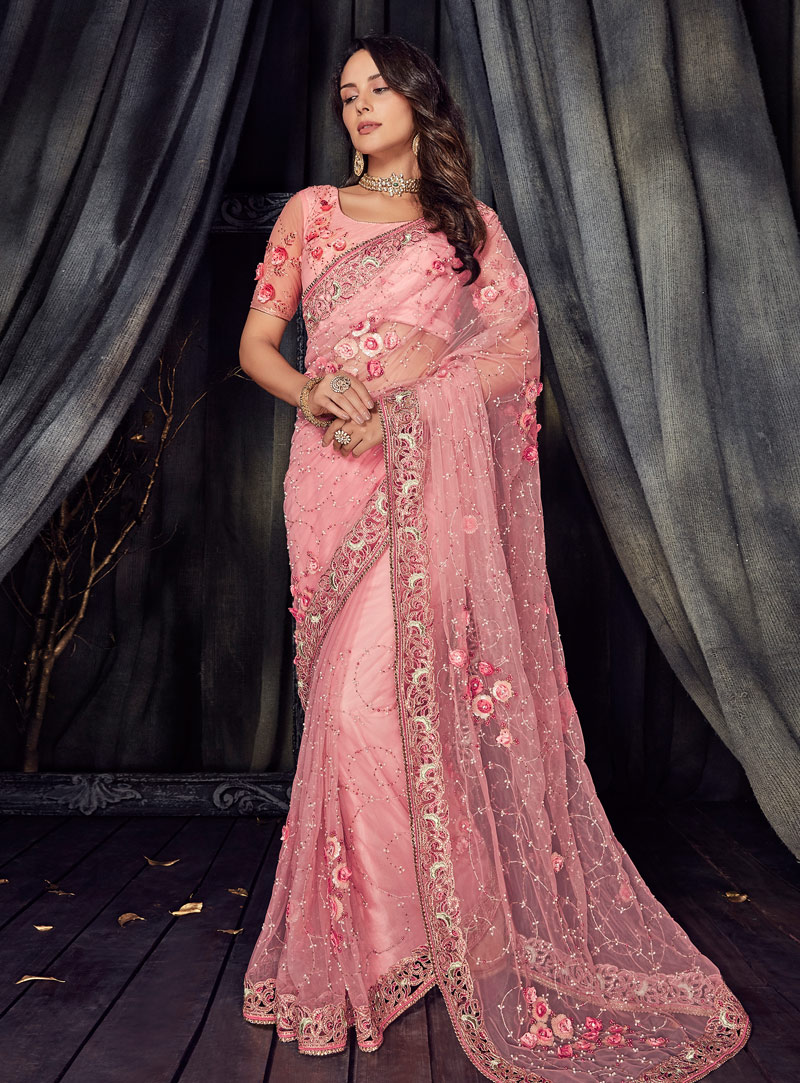 Pink Net Saree With Blouse 144208