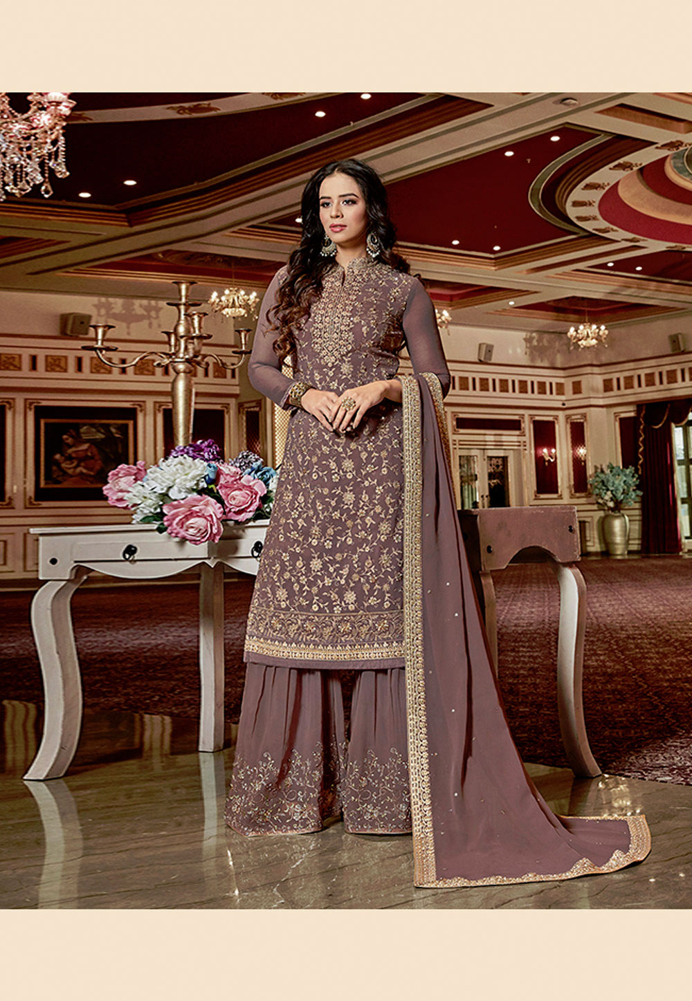 Brown Georgette Embroidered Sharara Suit 167720