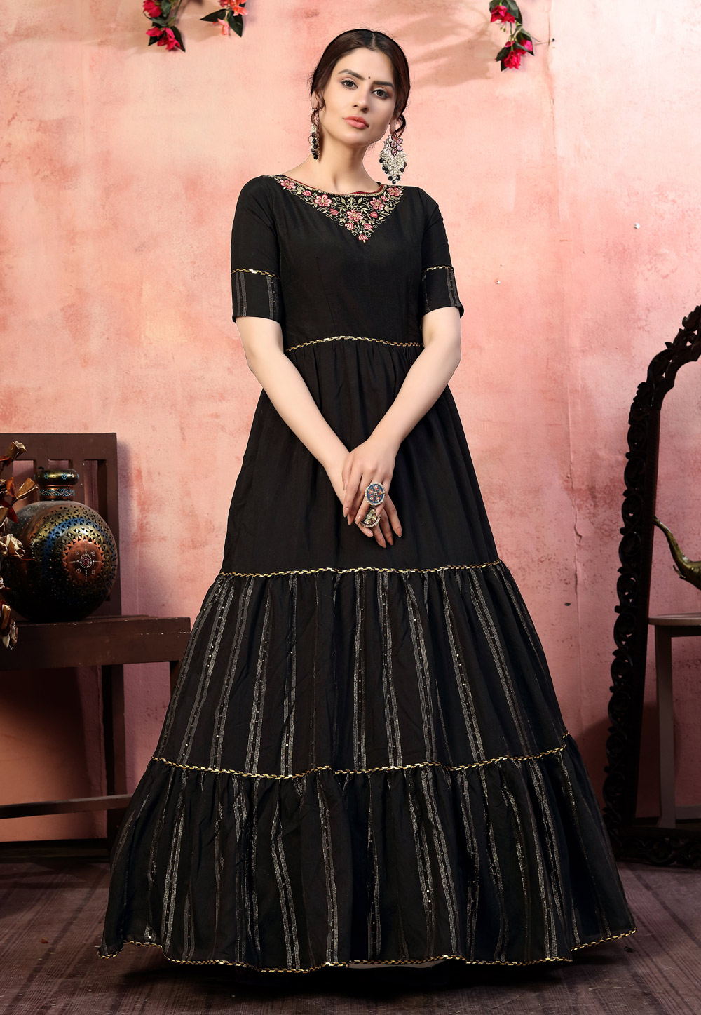 Black Silk Frilled Gown 219183
