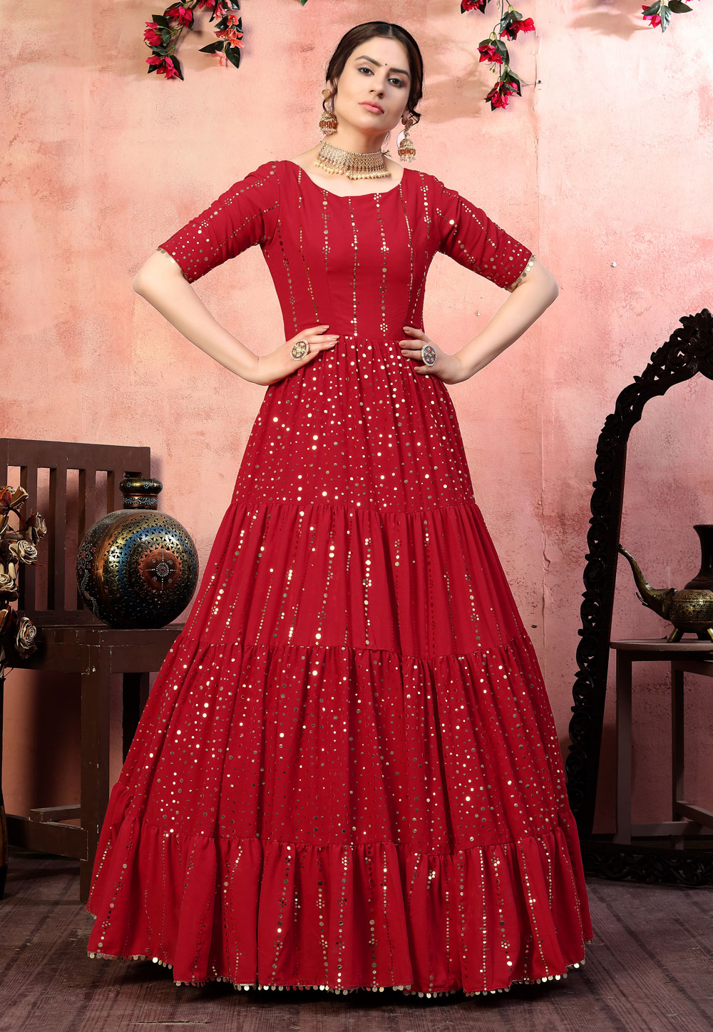 Red Georgette Party Wear Frilled Gown 219184