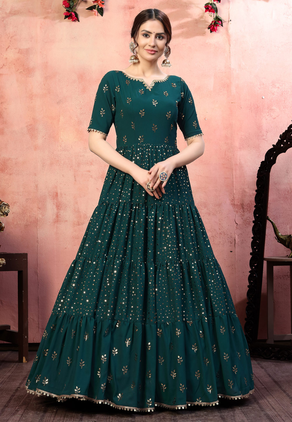 Teal Georgette Party Wear Gown 219186