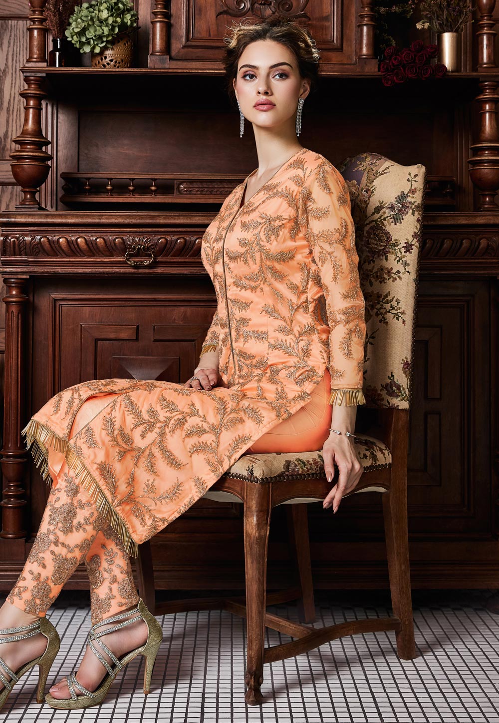 Peach Satin Embroidered Pant Style Suit 168414
