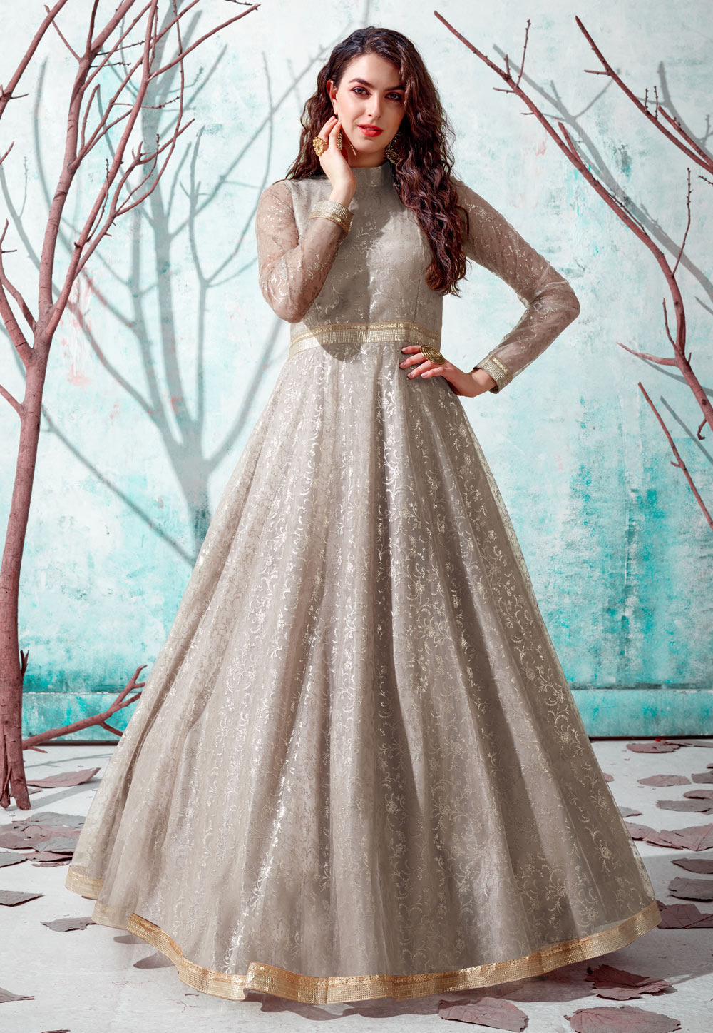 Buy Navy Blue Thread Embroidered Party Wear Net Anarkali Gown Online