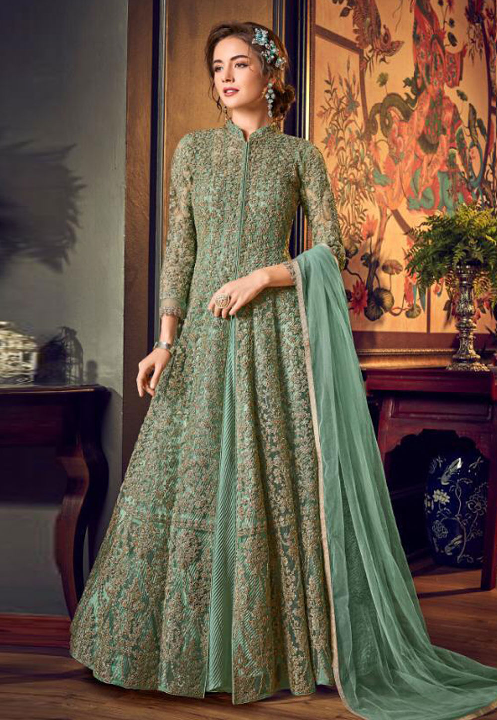 Sea Green Satin Embroidered Long Anarkali Suit 188804