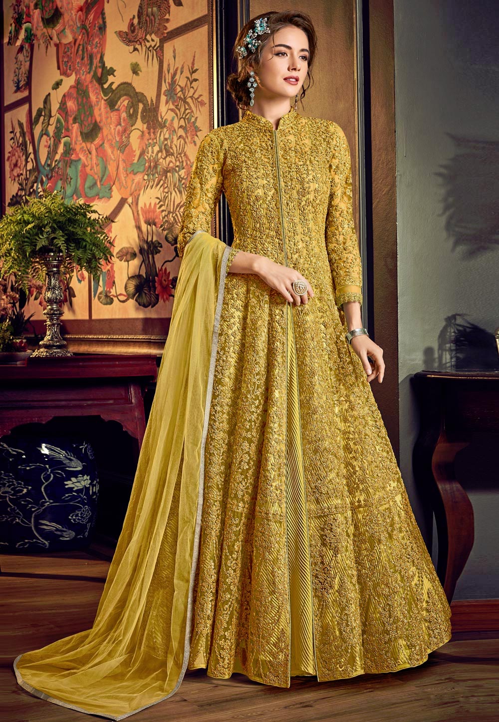 Yellow Satin Embroidered Abaya Style Anarkali Suit 207701