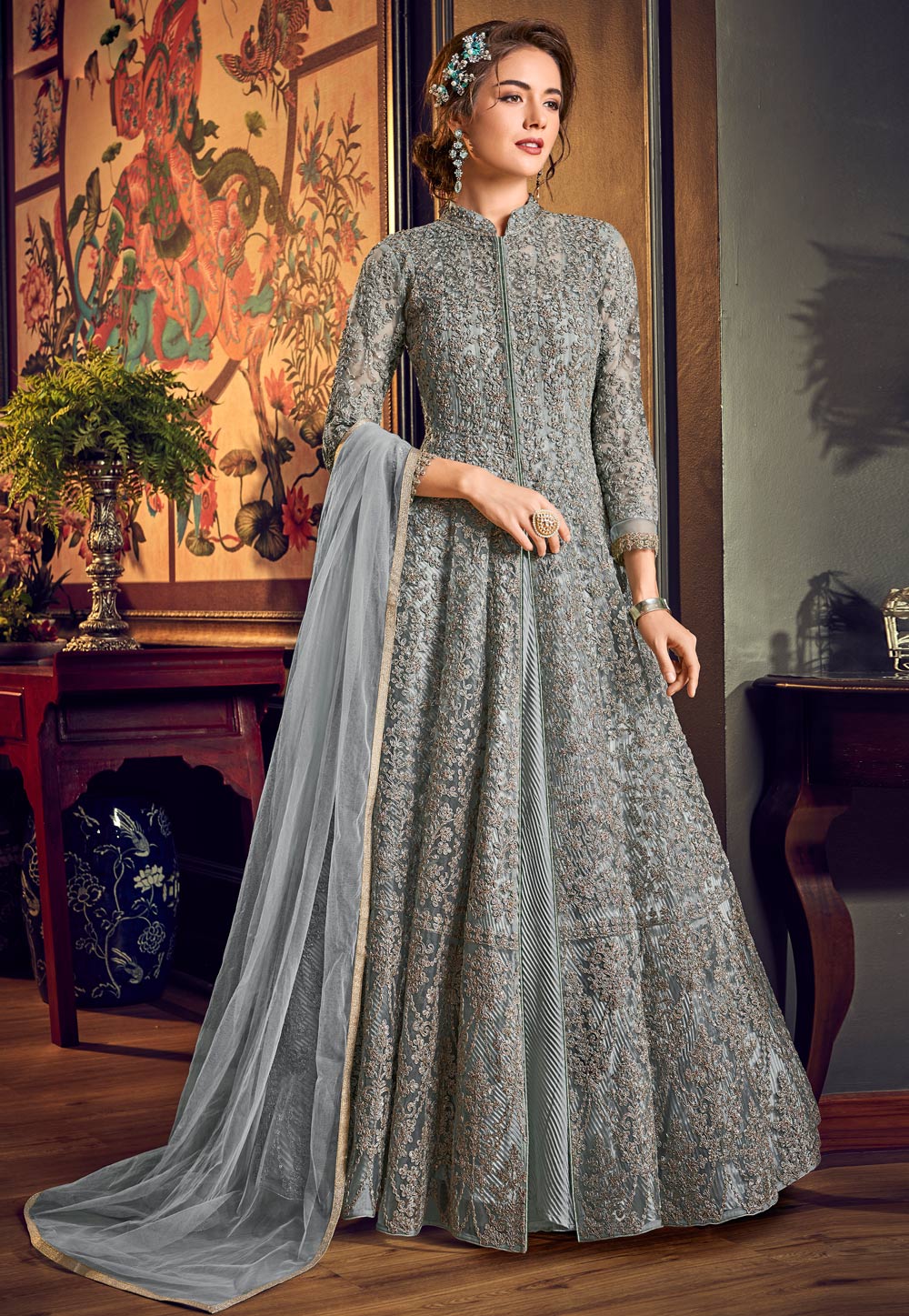 Grey Satin Embroidered Designer Anarkali Suit 207702