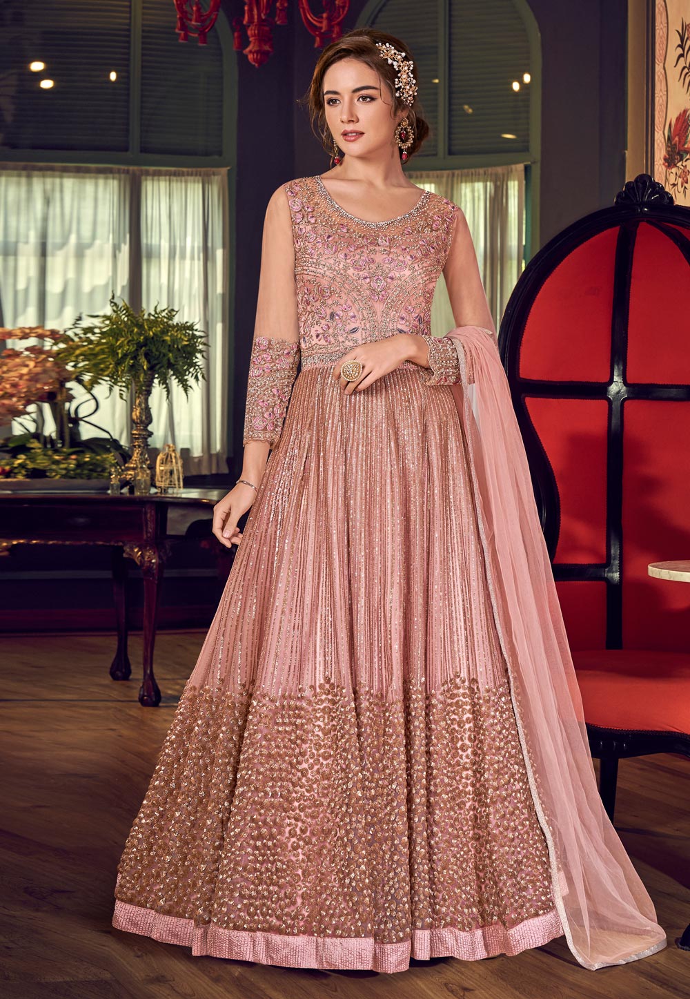 Pink Net Embroidered Abaya Style Anarkali Suit 188805
