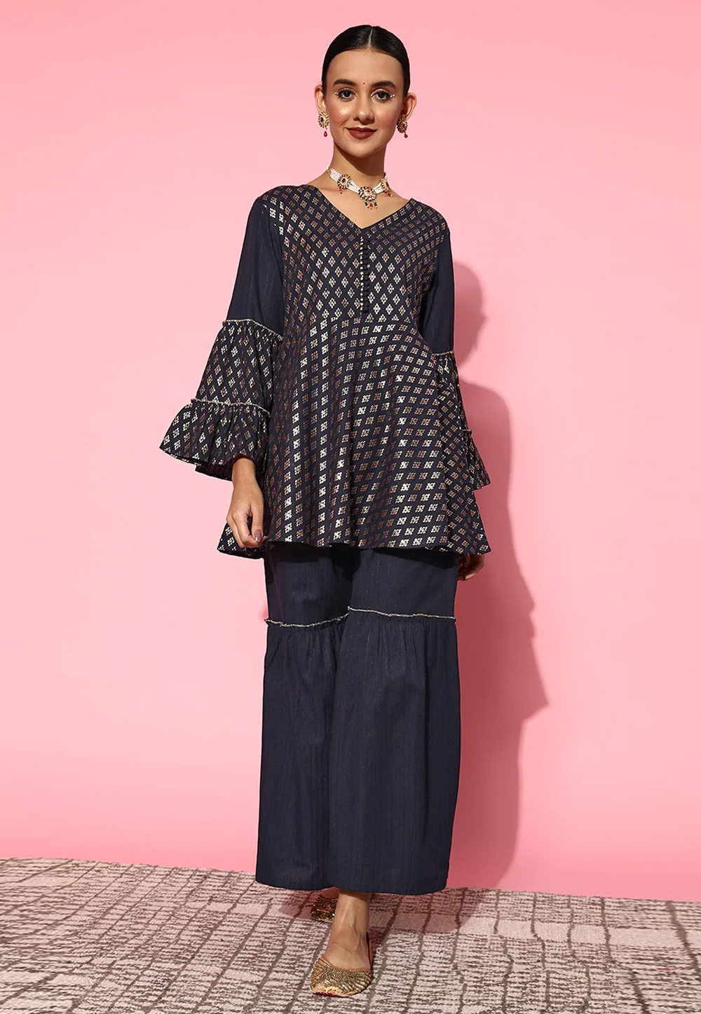 Navy Blue Cotton Kurta Set With Sharara 259259