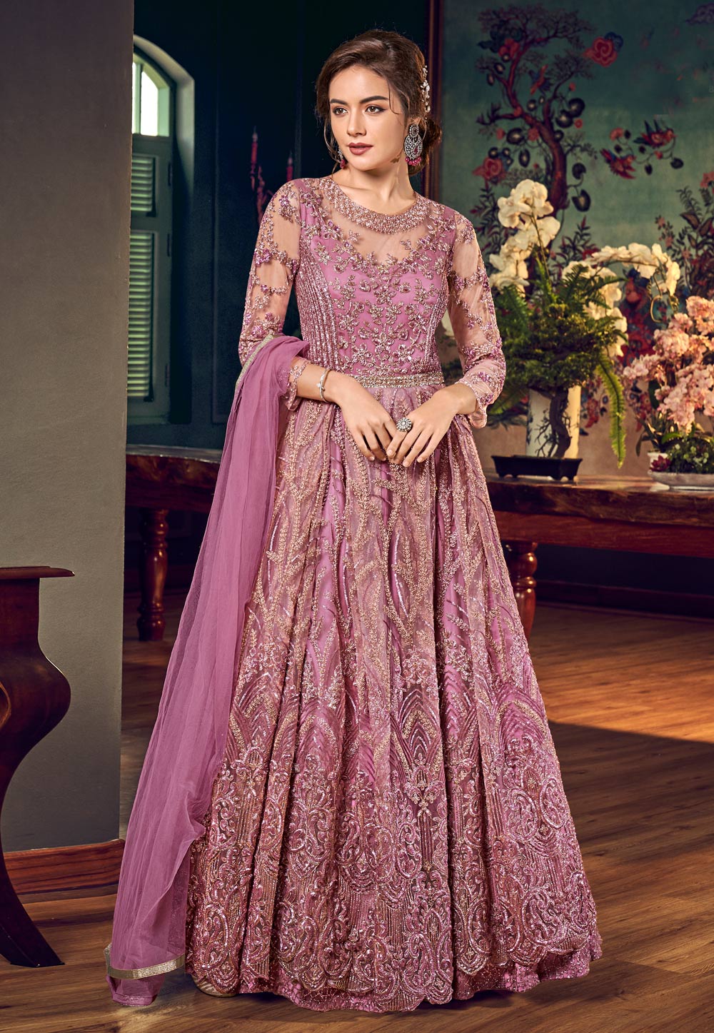 Pink Satin Embroidered Long Anarkali Suit 188810