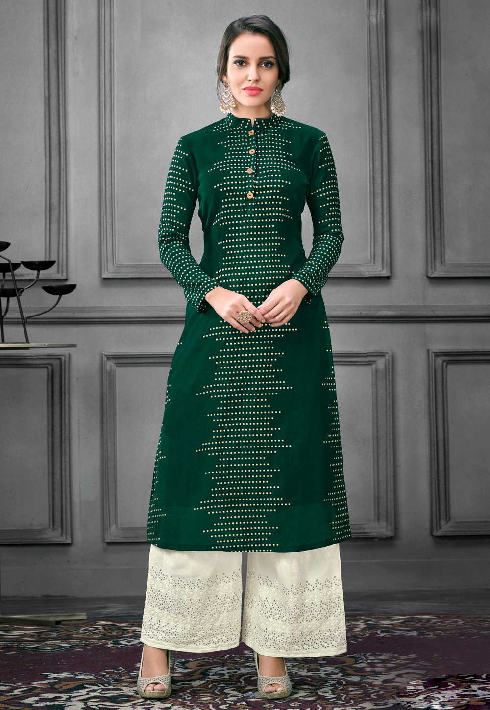 Green Silk Readymade Palazzo Suit 185664