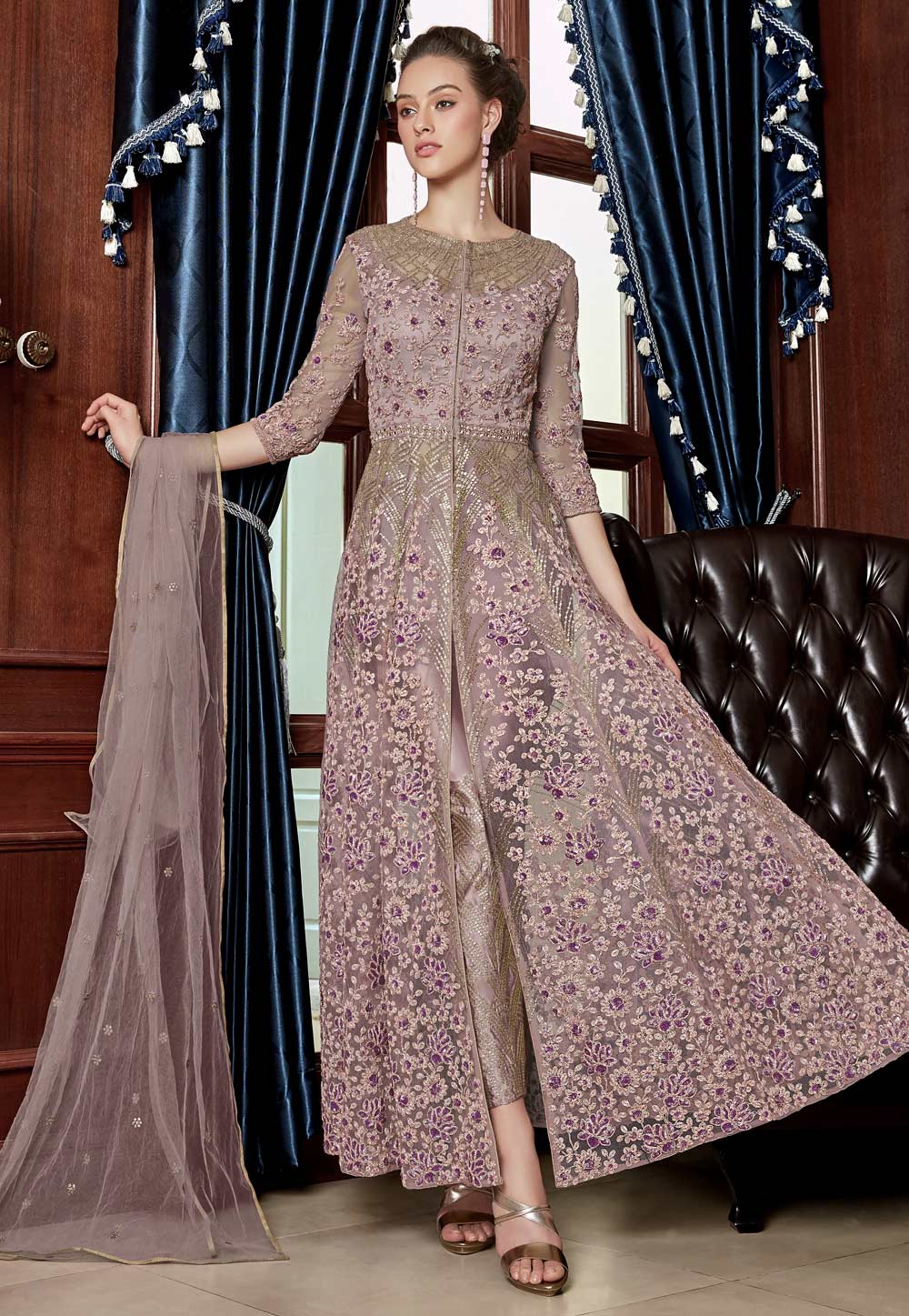 Pink Net Embroidered Center Slit Anarkali Suit 202265