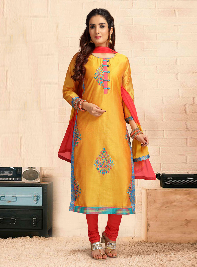 Yellow Chanderi Readymade Churidar Suit 146884