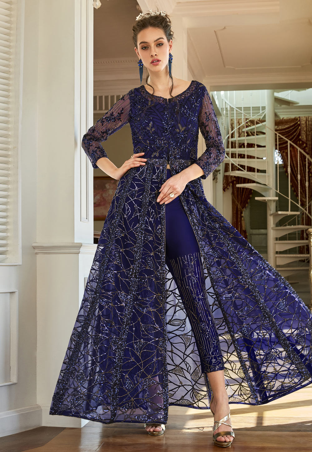 Navy Blue Net Embroidered Pant Style Suit 202267