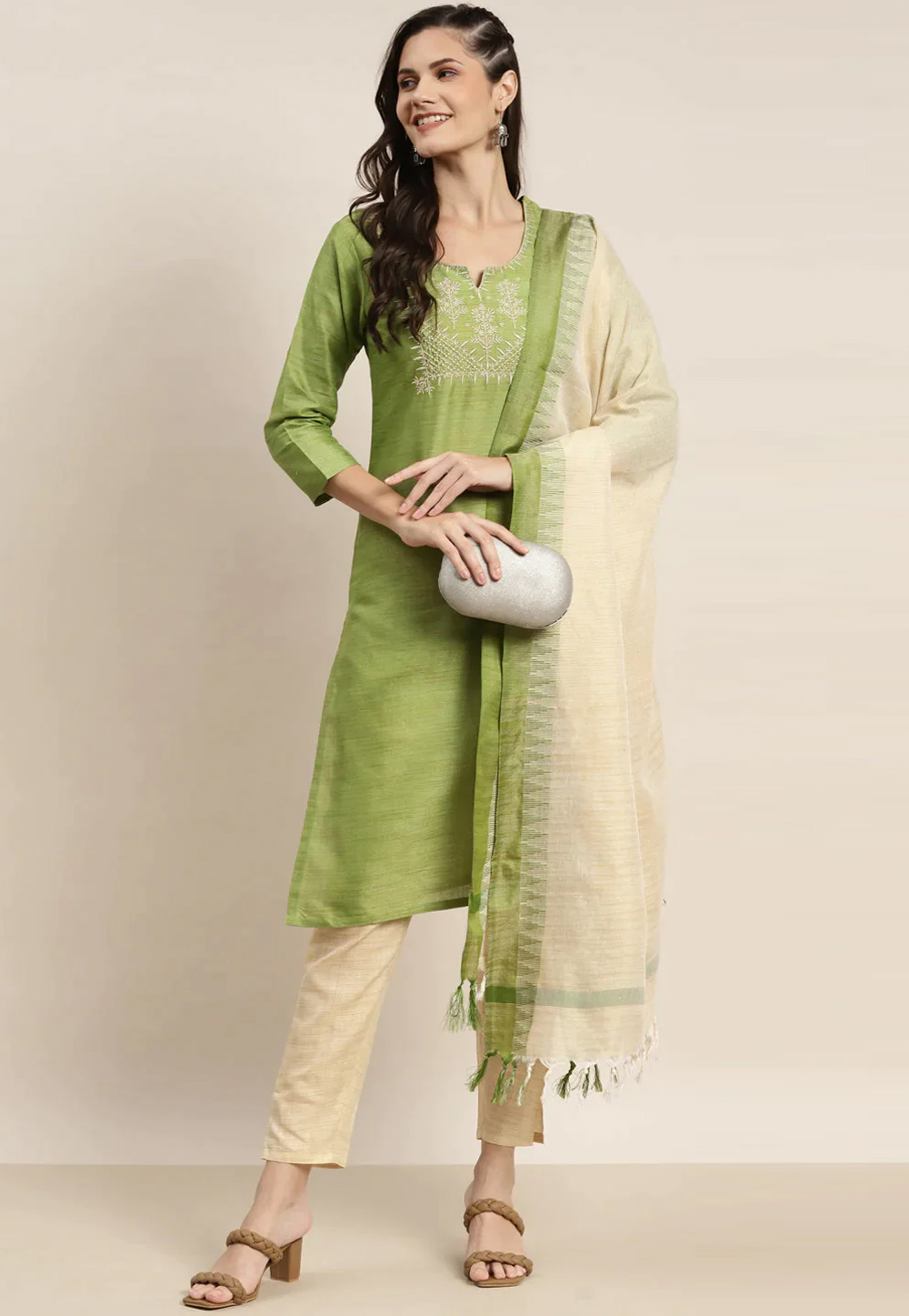 Green Cotton Silk Readymade Pant Style Suit 260740