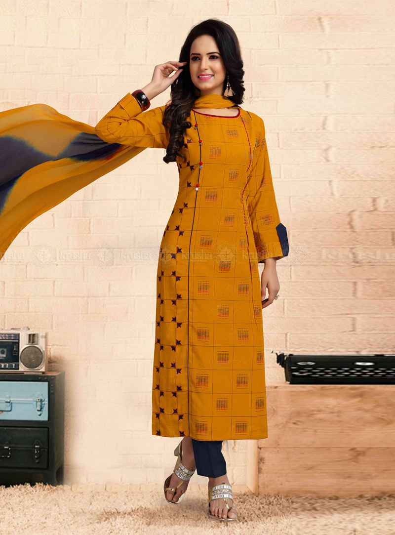 Mustard Cotton Readymade Pant Style Suit 146894