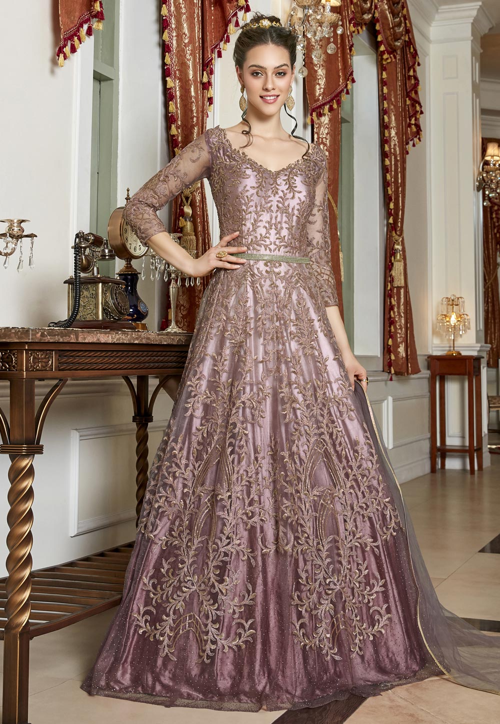 Shaded Pink Net Embroidered Abaya Style Anarkali Suit 202270