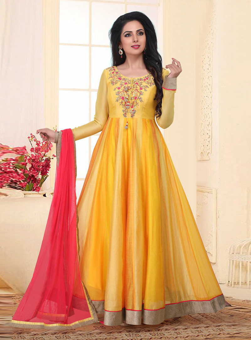 Yellow Chanderi Readymade Abaya Style Anarkali Suit 146901