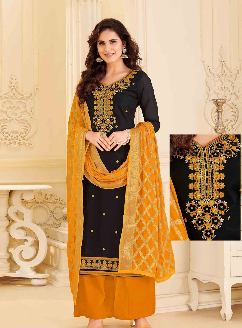 Black Chanderi Silk Pakistani Style Suit 146759