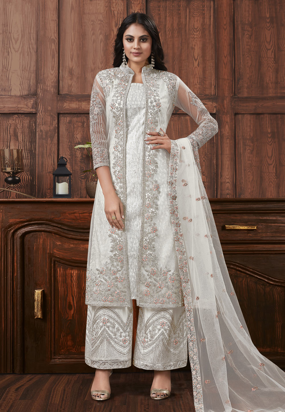 White Net Palazzo Suit With Jacket 257416