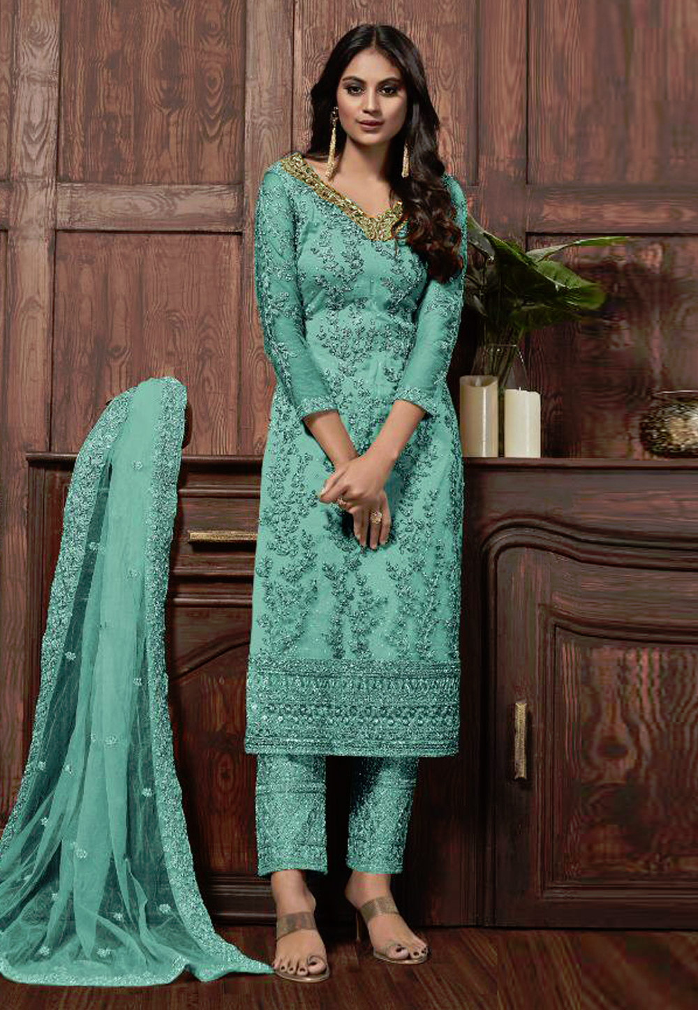 Sea Green Net Pant Style Suit 252863