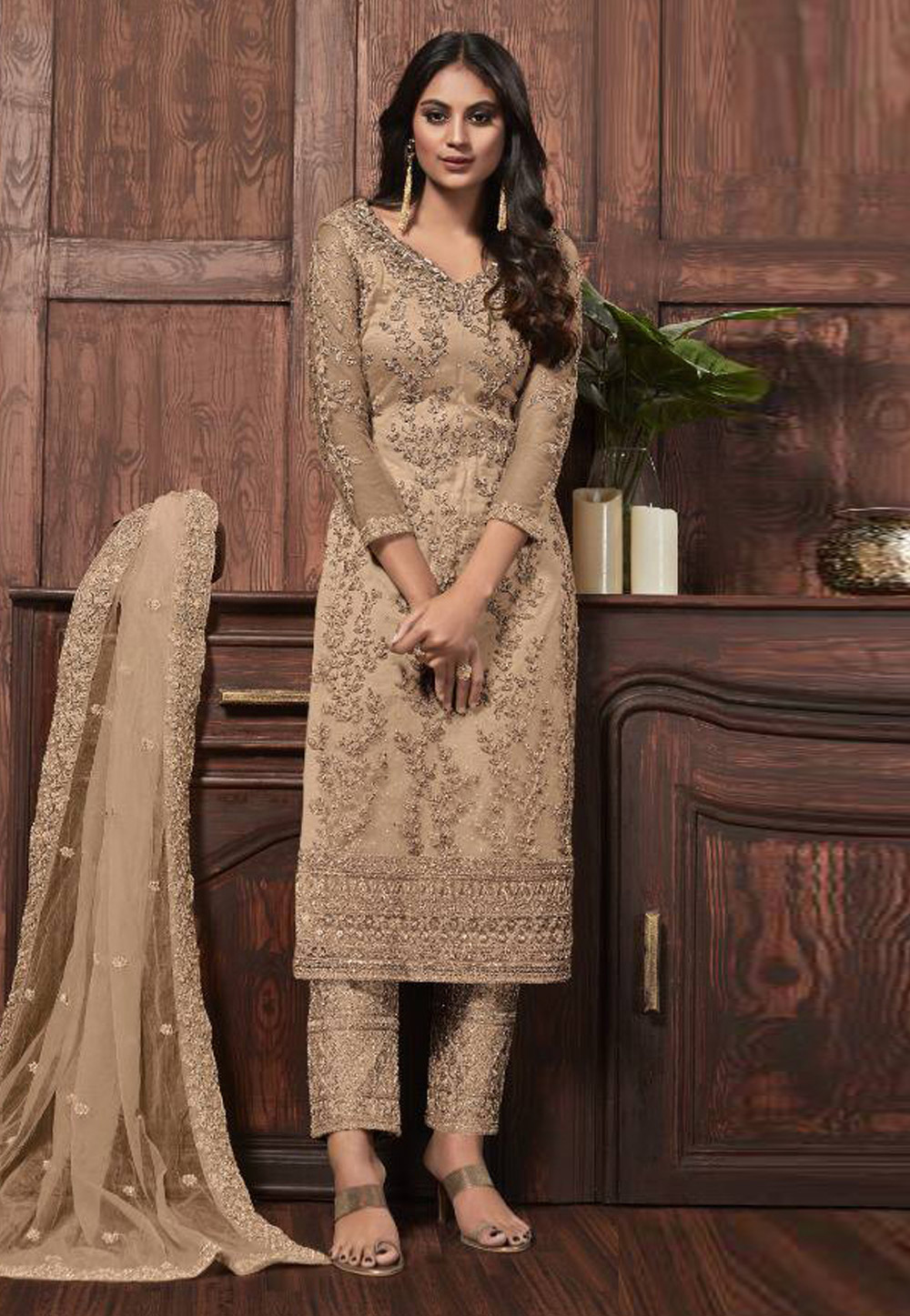 Beige Net Pant Style Suit 252867