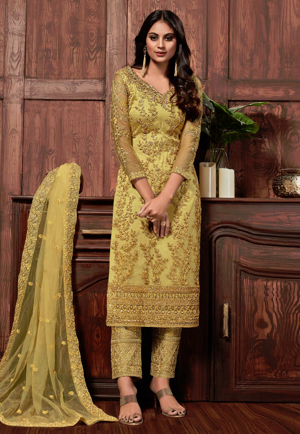 Yellow Net Pant Style Suit 205526