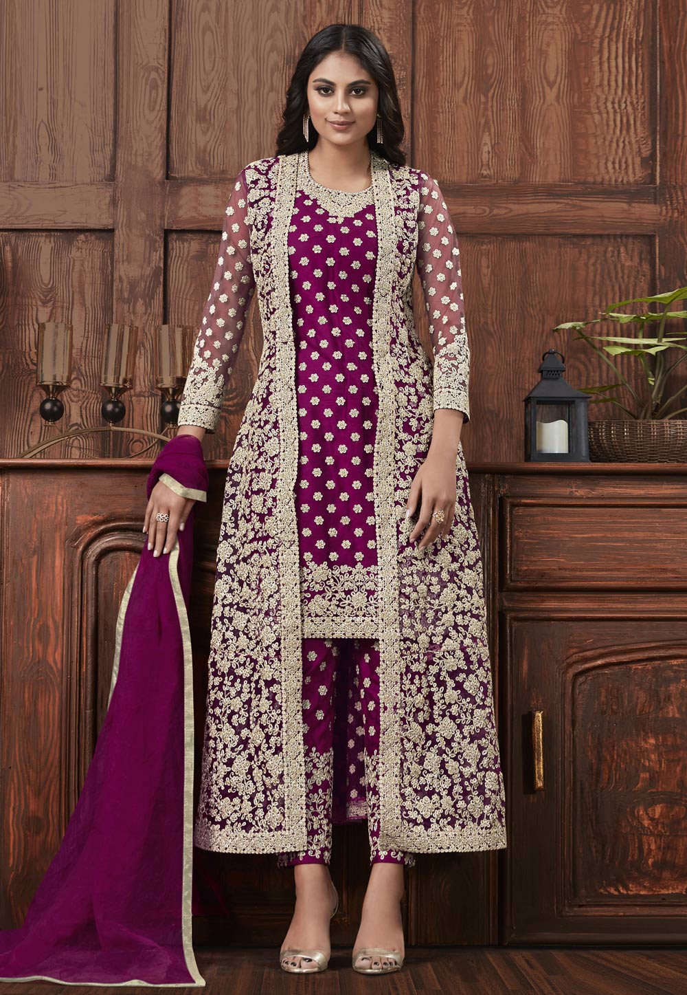 Magenta Net Pant Style Suit With Jacket 257754