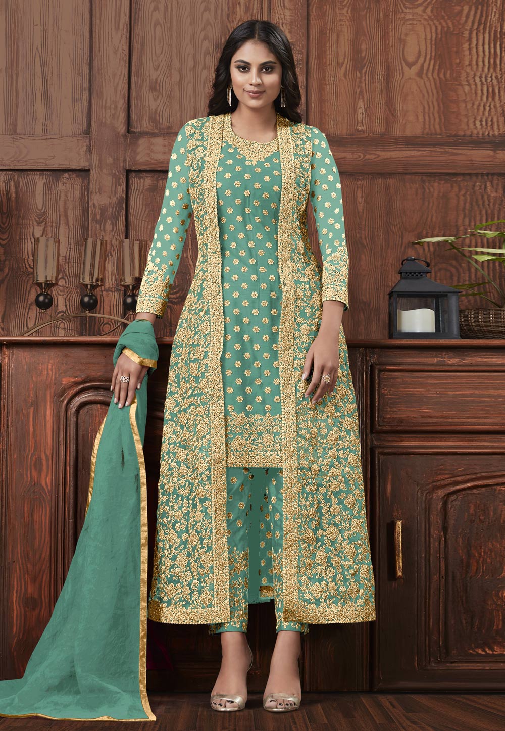 Sea Green Net Pant Style Suit With Jacket 257758