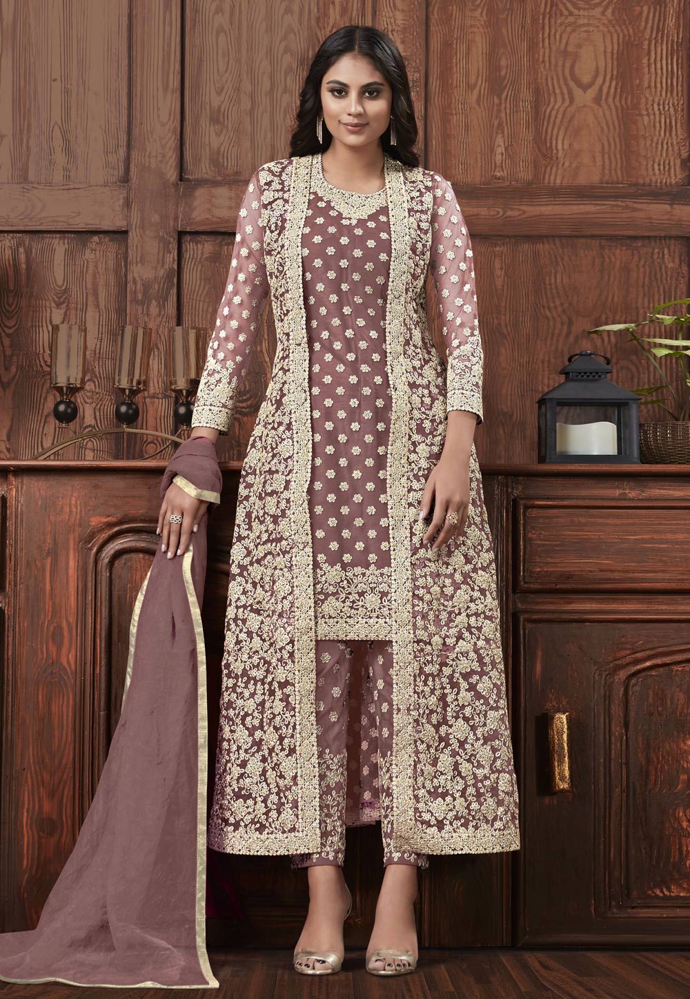 Beige Net Pant Style Suit With Jacket 257759