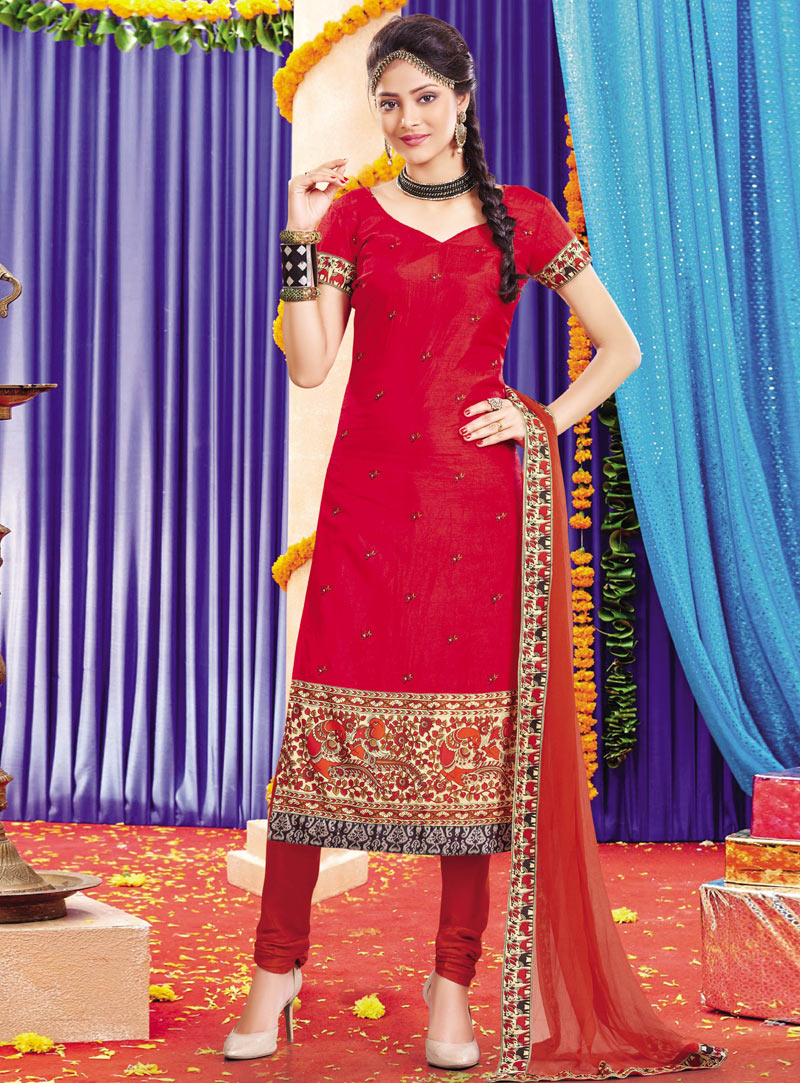 Red Silk Churidar Salwar Suit 99234