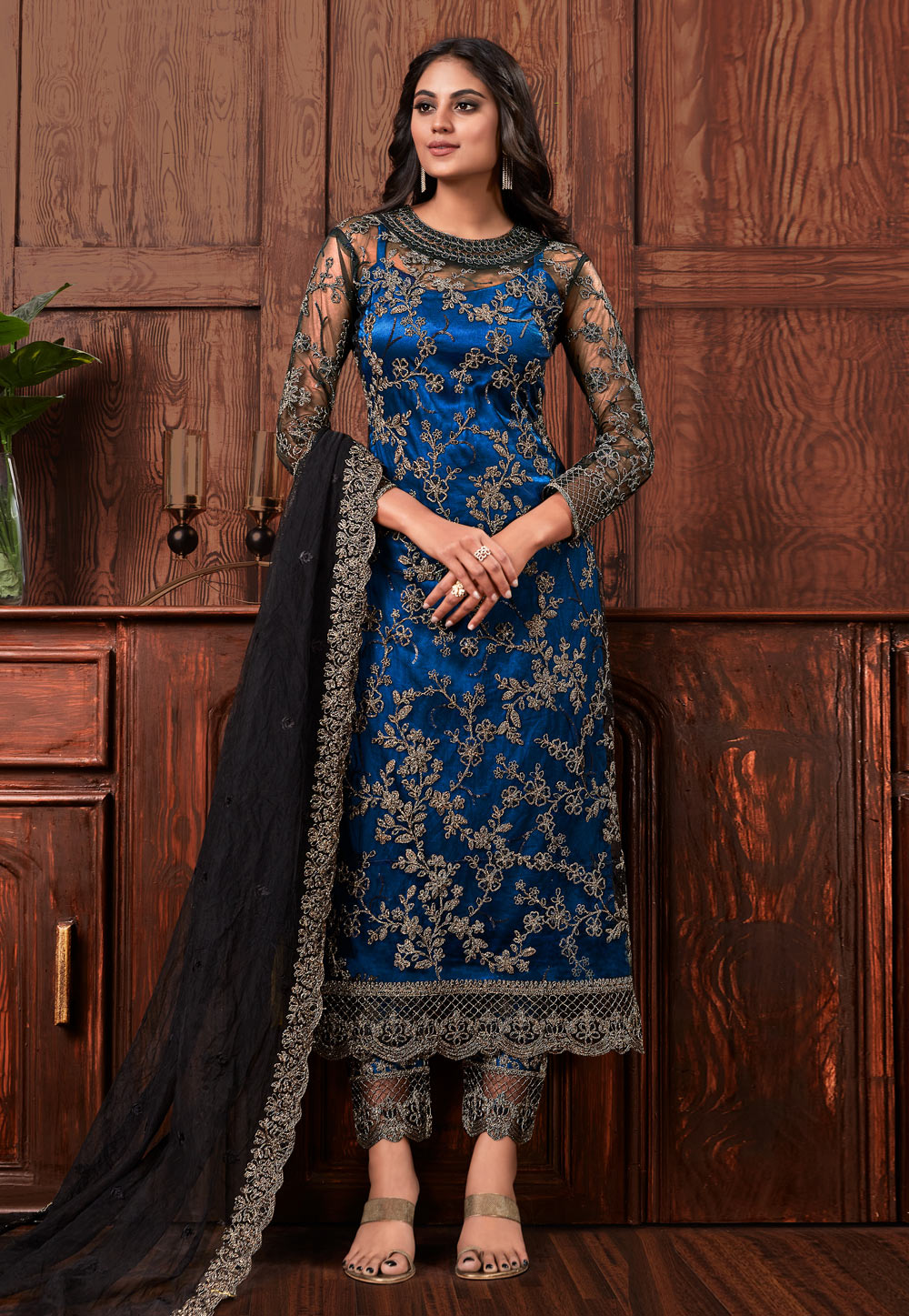 Blue Net Embroidered Pant Style Suit 217748