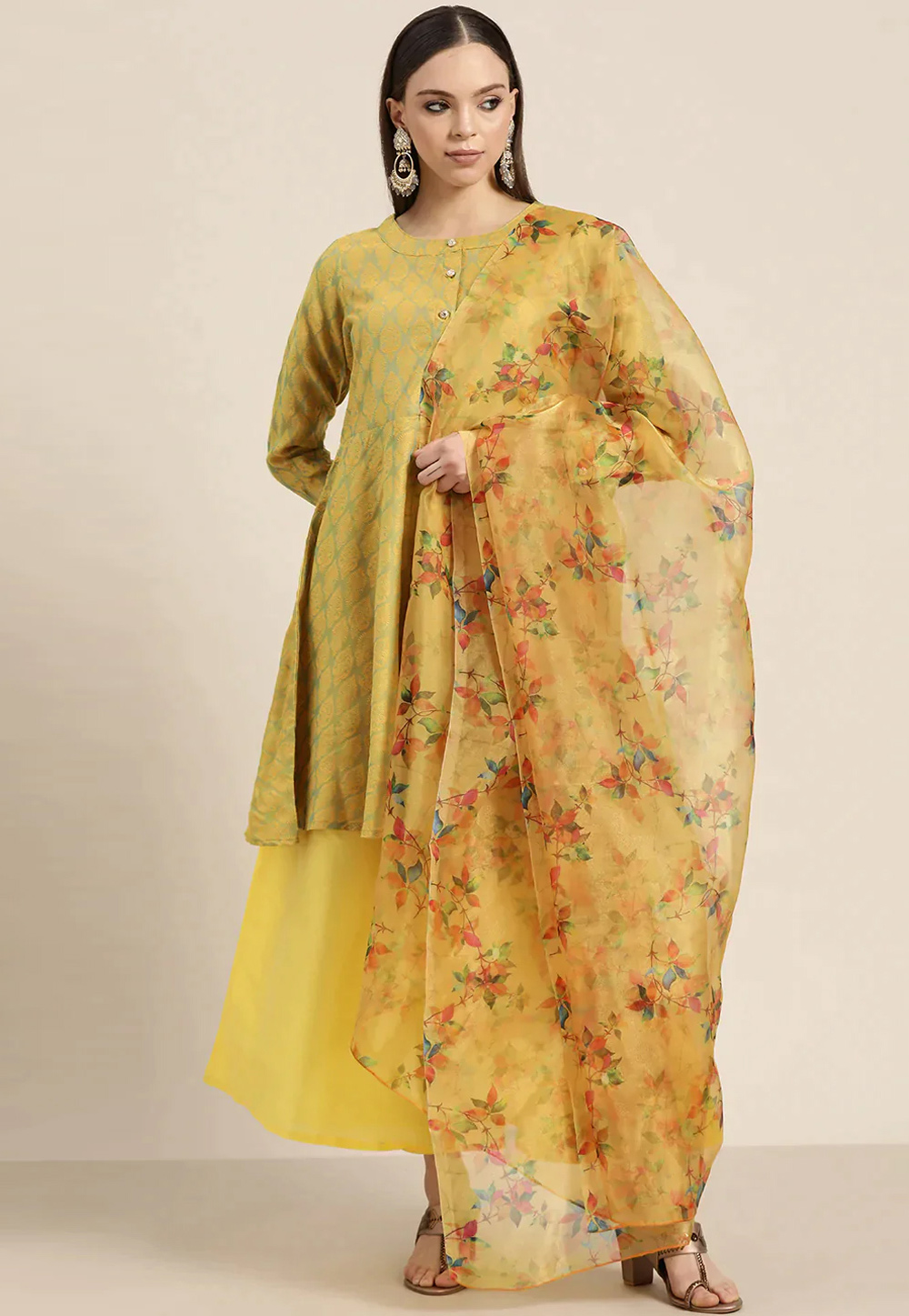 Yellow Jacquard Silk Readymade Pakistani Suit 260753