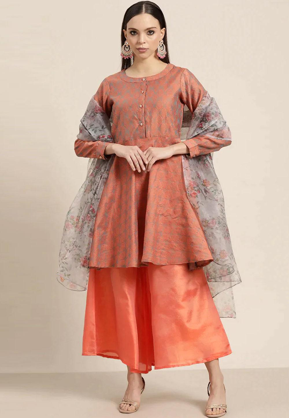 Peach Jacquard Silk Readymade Pakistani Suit 260755