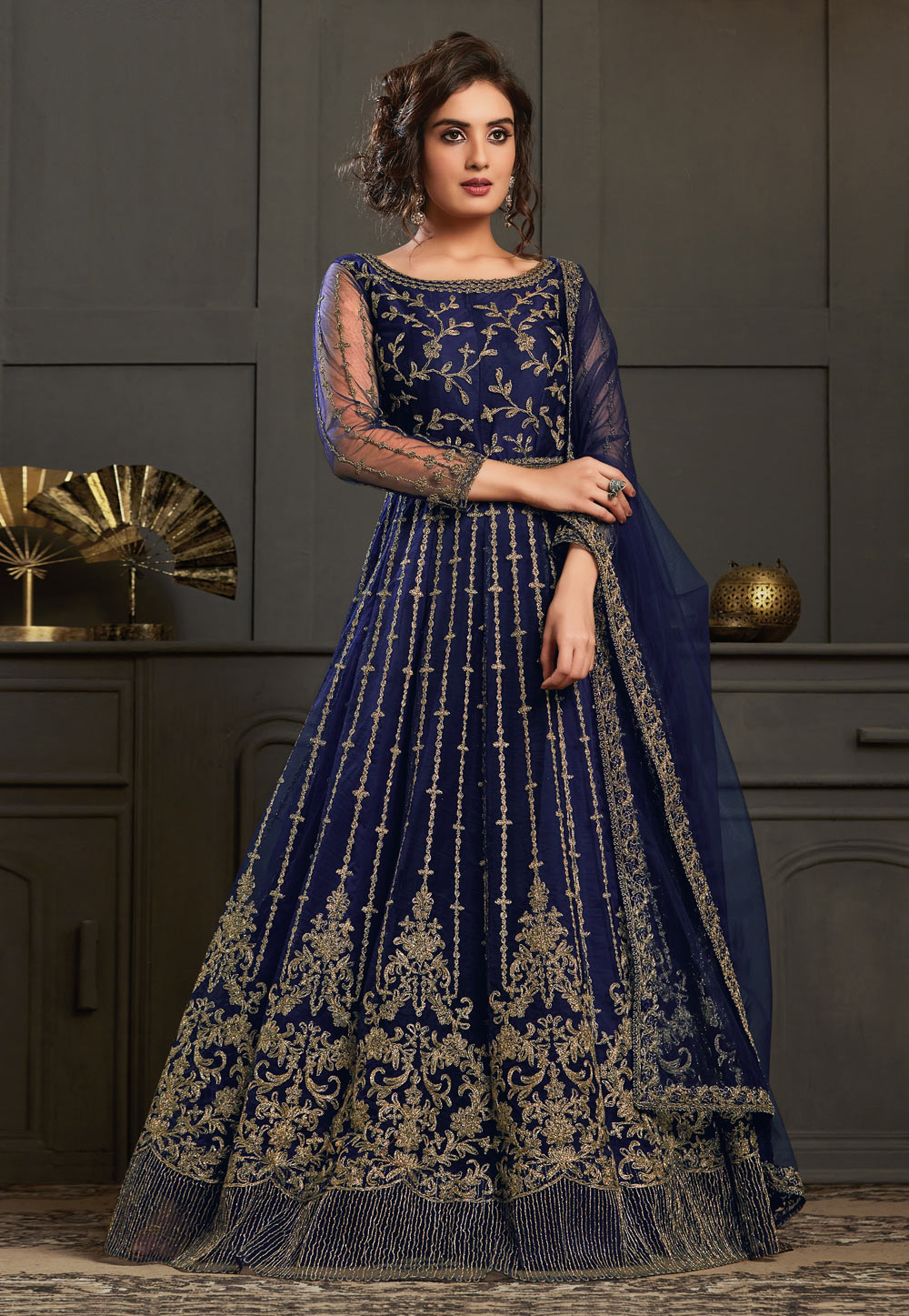 Blue Net Embroidered Floor Length Anarkali Suit 215837