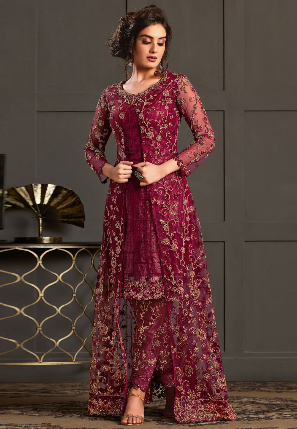 Magenta Net Embroidered Pant Style Suit 215838